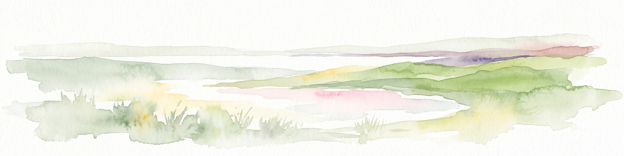 A minimalist watercolor painting of soft green hills and light patches of color against a plain white background.
