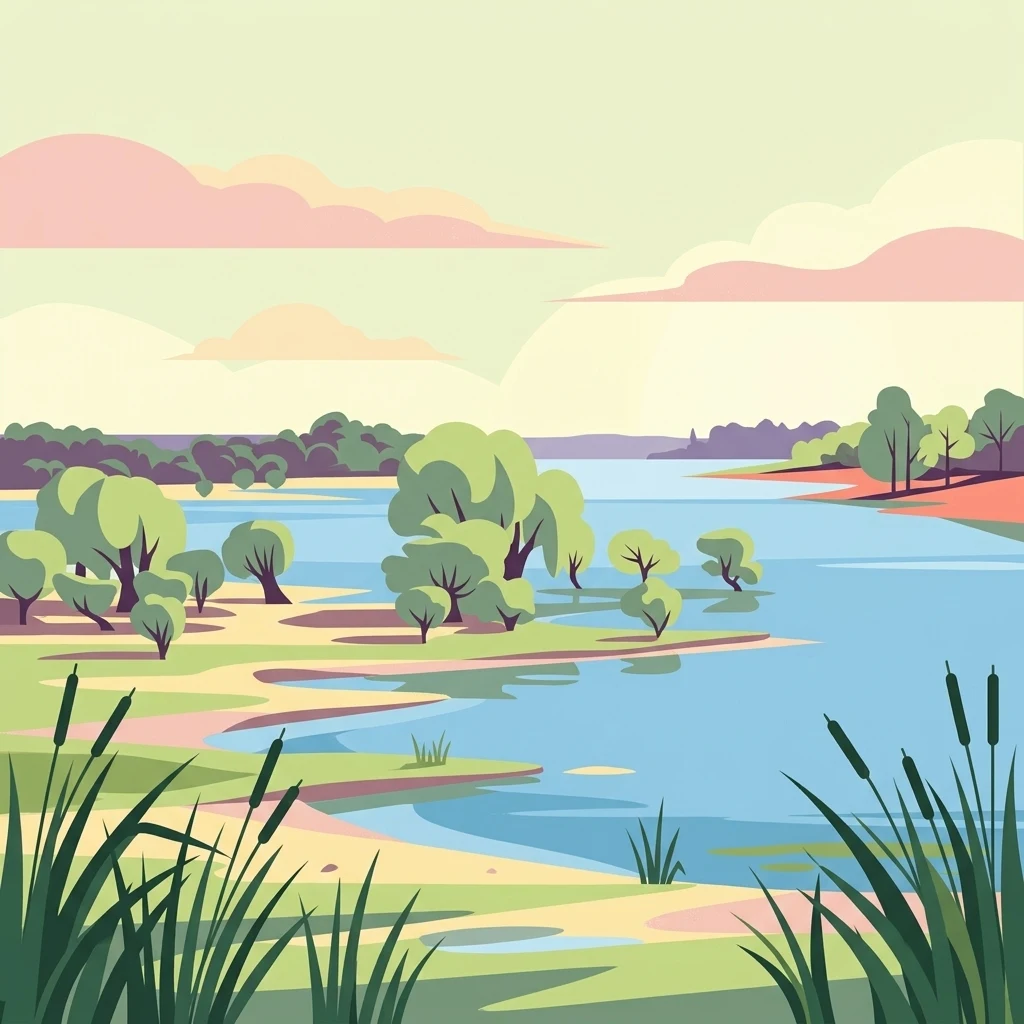 A flat-style digital illustration showing a calm lake with marshy sandy banks, scattered green trees, and tall reeds in the foreground under a soft pastel sky.
