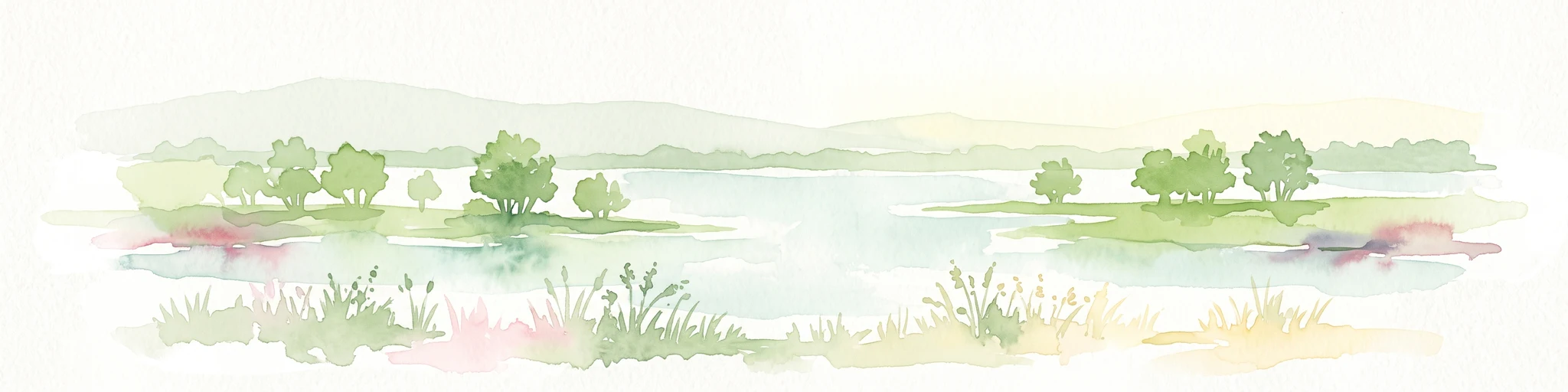 A soft watercolor painting of a calm lake scene featuring small grassy islands with trees, surrounded by marshy vegetation under a light, hazy sky.