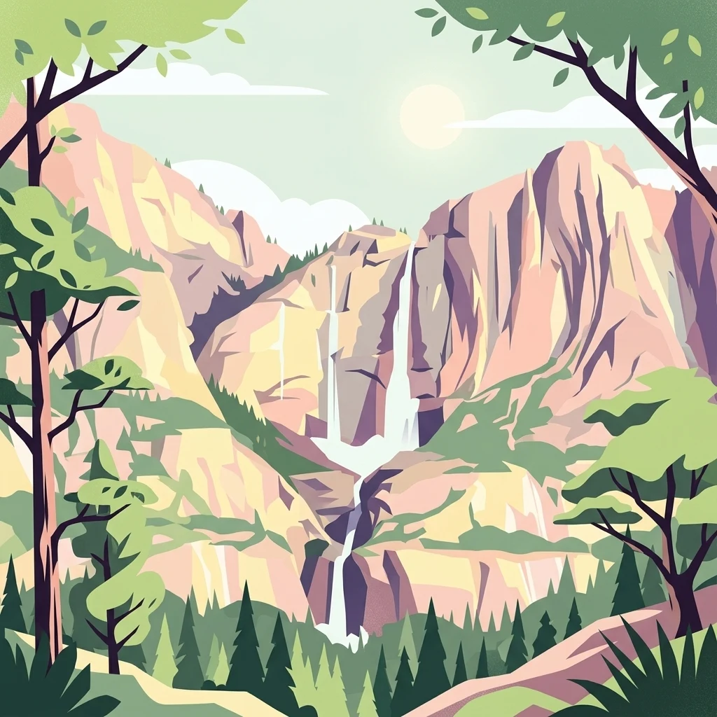 A flat-style digital illustration depicting a rocky canyon with multiple cascading waterfalls, surrounded by a coniferous forest under a soft sun.