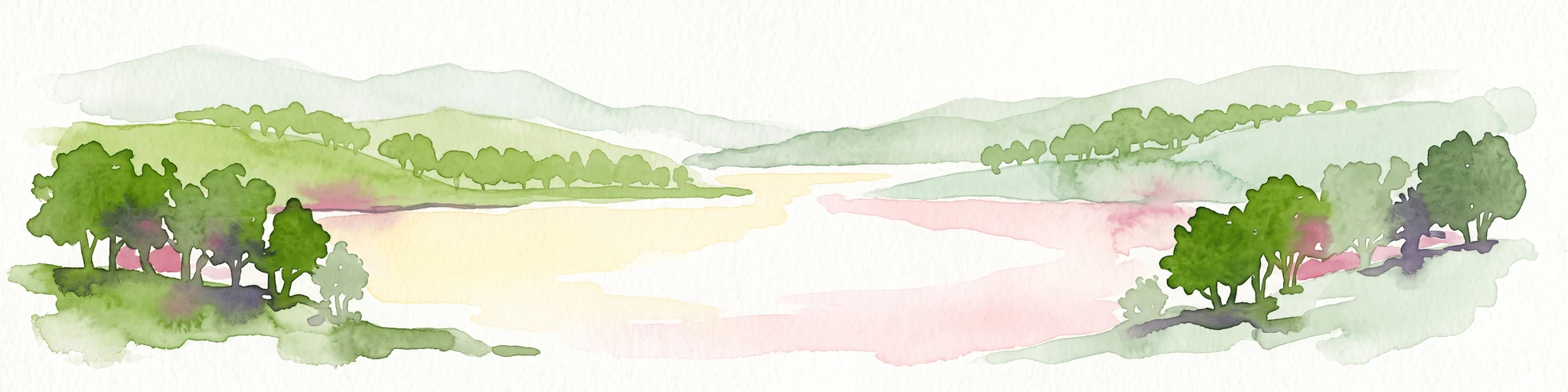 Una suave ilustración de acuarela de estilo pictórico de un paisaje fluvial con frondosos árboles verdes en las orillas y colinas onduladas al fondo.