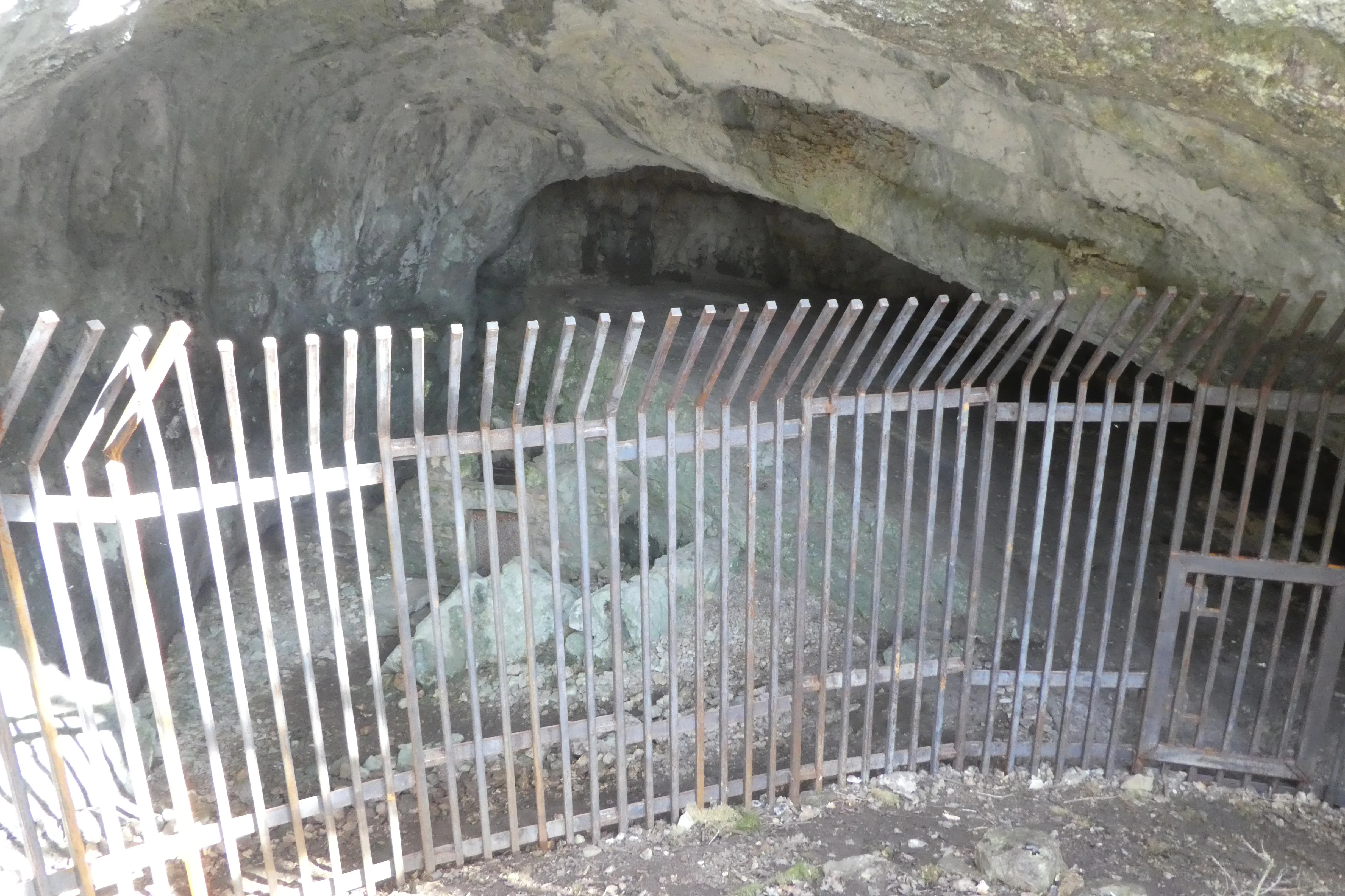 A metal security gate blocking the entrance to a cave opening in a rocky limestone hillside.