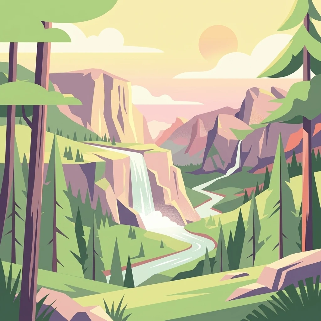 A colorful, flat-style digital illustration showing a valley with towering mountains, a winding river, evergreen forests, and a prominent waterfall flowing down a cliff face during a soft sunset.