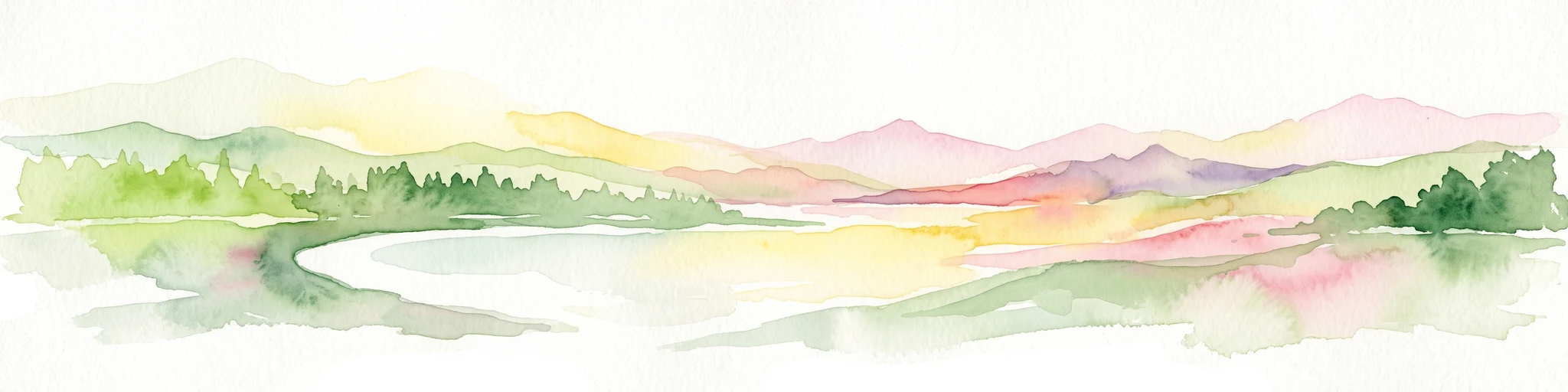 Una suave ilustración panorámica en acuarela de colinas onduladas, montañas y árboles en tonos pastel de verde, amarillo y rosa.