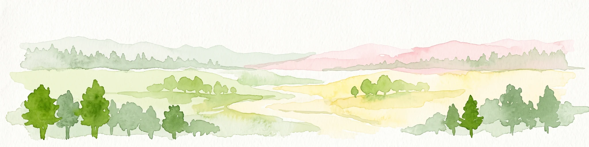 A watercolor painting of a river valley with soft green trees, rolling hills, and distant mountains under a light sky.
