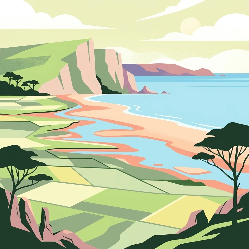 Una ilustración digital de estilo plano de una reserva natural costera con campos verdes, una playa de arena, un mar azul tranquilo y altos acantilados al fondo.