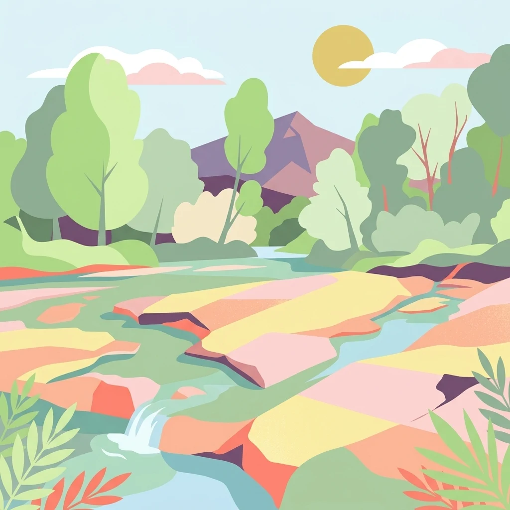 Ilustración vectorial plana que representa un arroyo fluyendo sobre rocas rosas y amarillas, rodeado de árboles y arbustos verdes, con una montaña morada y un sol en el cielo.