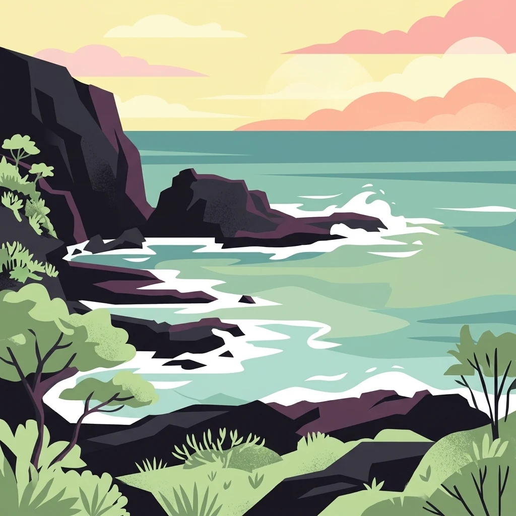 Una ilustración digital estilizada de una costa rocosa que se encuentra con el océano al atardecer, con acantilados oscuros, olas rompiendo y vegetación costera.