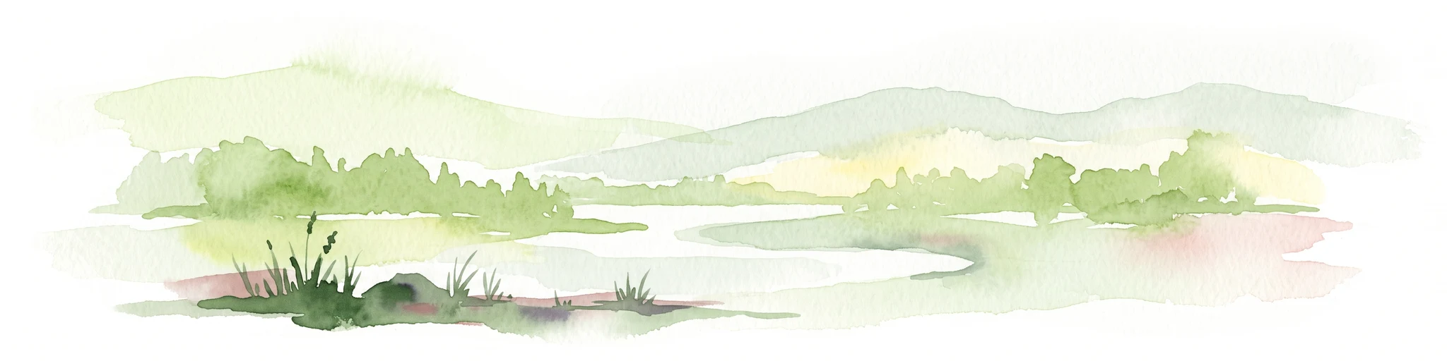 Una suave pintura artística en acuarela de un paisaje tranquilo con colinas verdes onduladas, vegetación exuberante y un curso de agua serpenteante, presentada sobre un fondo blanco.