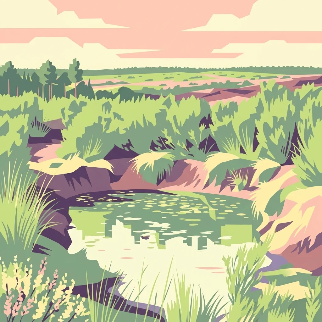 A graphic art illustration depicting a small, calm pond surrounded by dense green shrubbery and moorland vegetation, with a soft, warm-toned horizon in the distance.