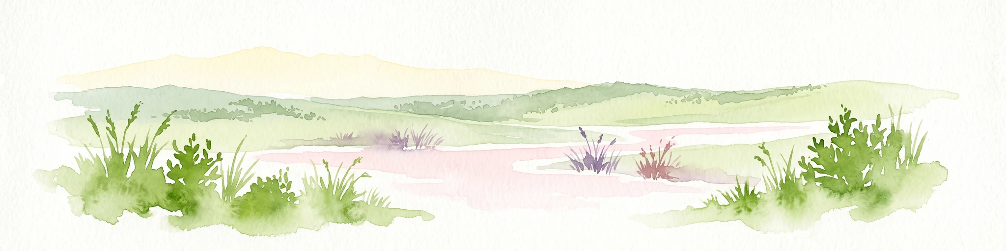 A soft watercolor painting of a calm pond surrounded by green grasses, shrubs, and rolling hills in the background.