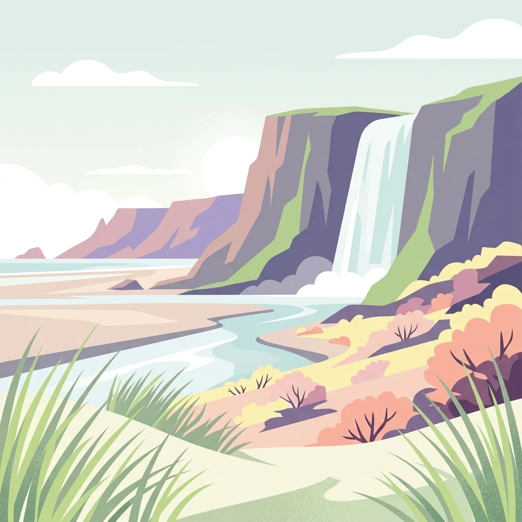 A flat-design digital illustration of a coastal nature reserve with tall cliffs, a waterfall cascading into a river, sandy dunes, and coastal grasses.