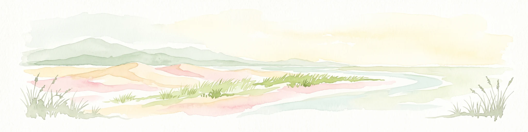 A horizontal watercolor painting showing a soft coastal scene with rolling dunes, sparse grasses, and a calm shoreline under a light sky.