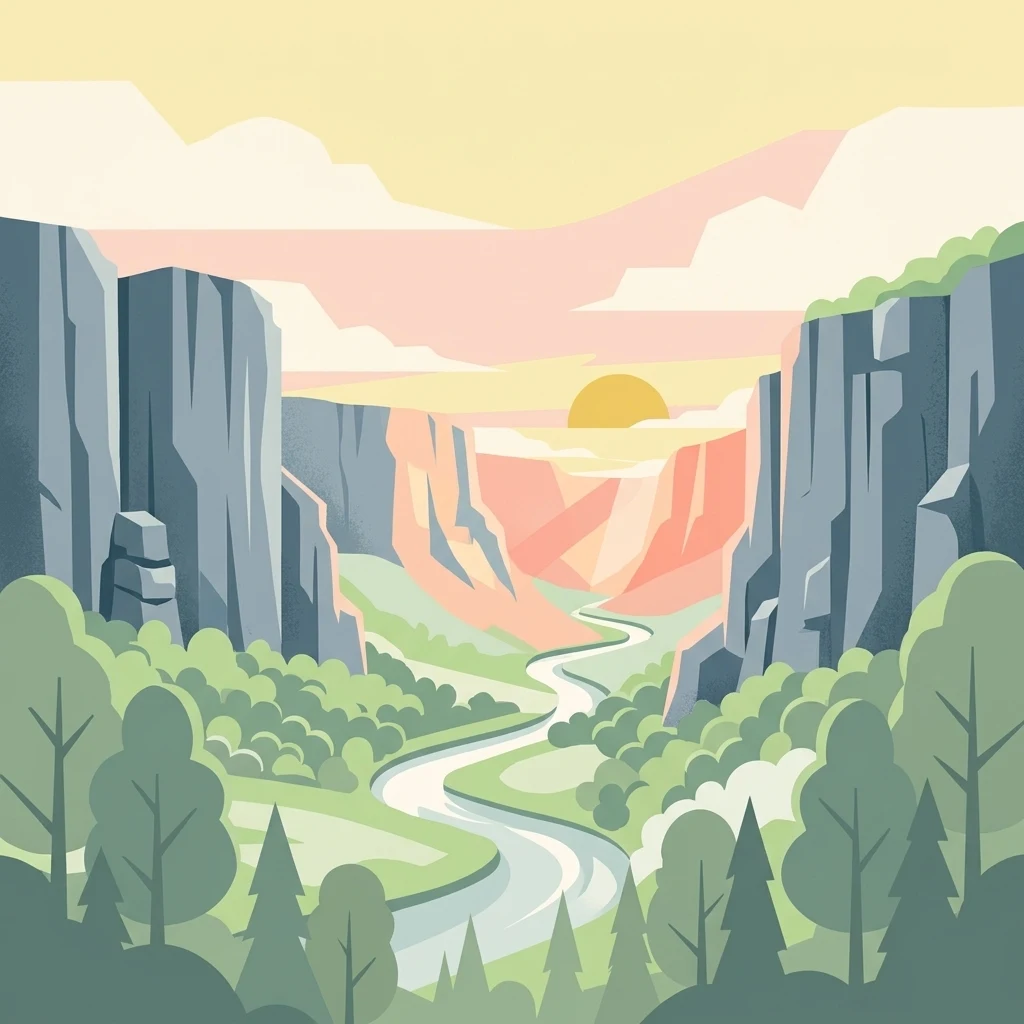 A flat-style digital illustration depicting a river winding through a valley flanked by tall limestone cliffs under a sunrise sky.