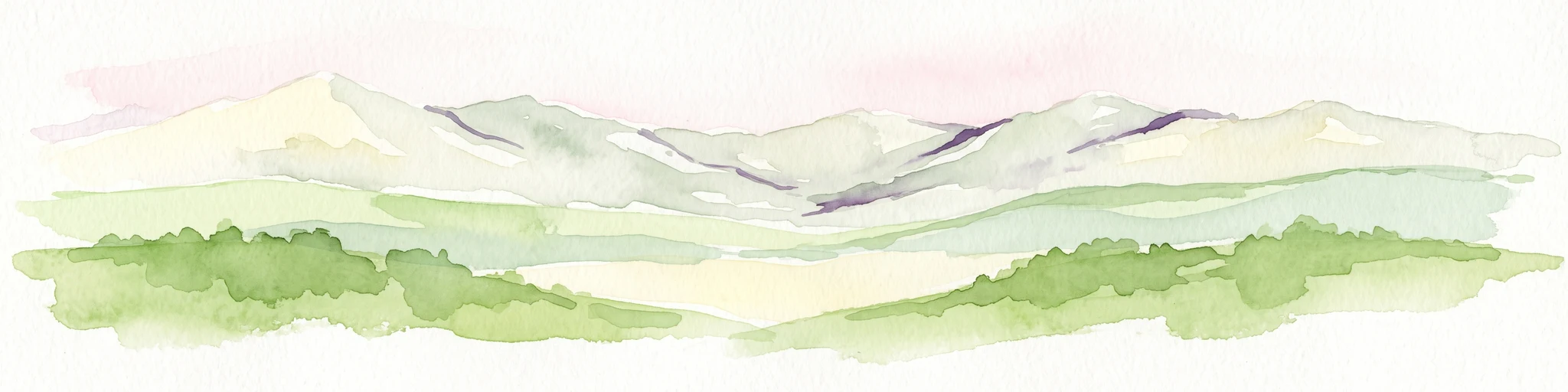 Una pintura horizontal en acuarela que representa un paisaje de colinas onduladas y crestas de piedra caliza distantes, con bordes suaves y tonos verdes y blancos.