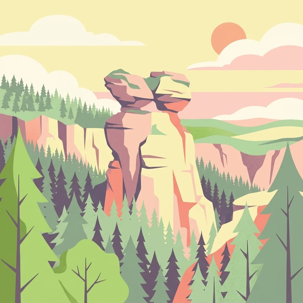 A stylized flat vector illustration of the Sabot de Frotey, a distinctive limestone rock formation surrounded by a coniferous forest under a soft sunset sky.