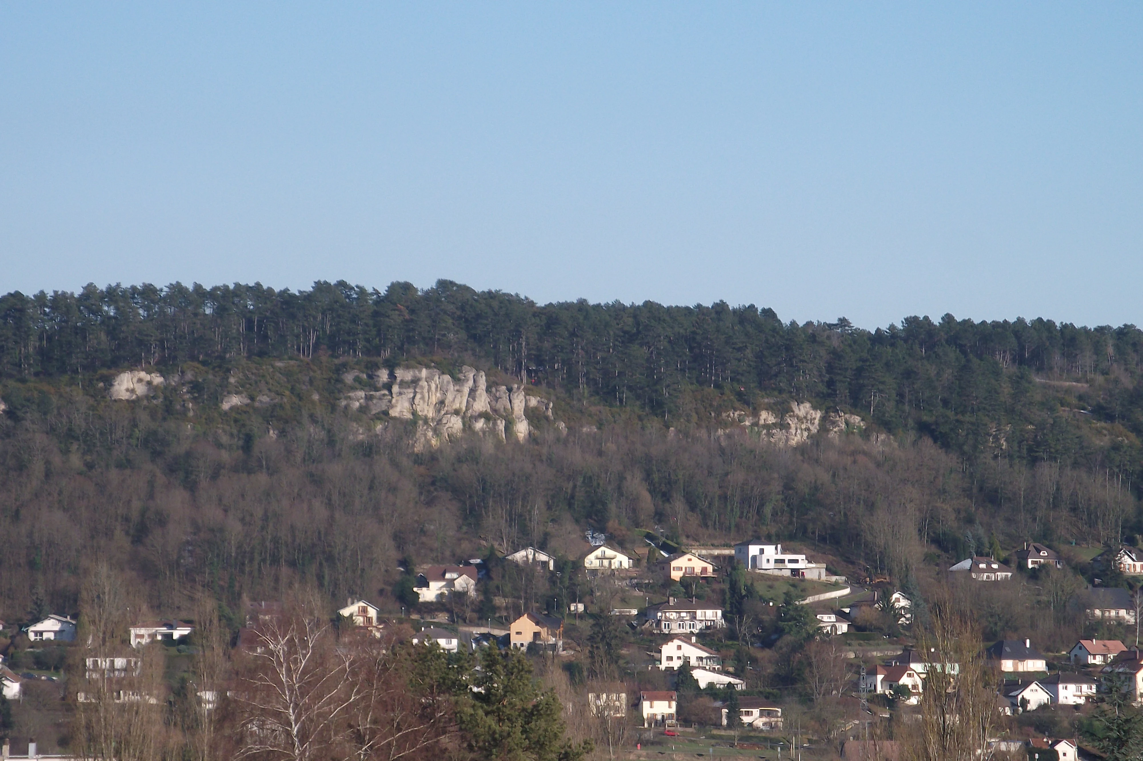 A wide shot showing a forested hillside topped with limestone rock formations above a residential area, under a clear blue sky.