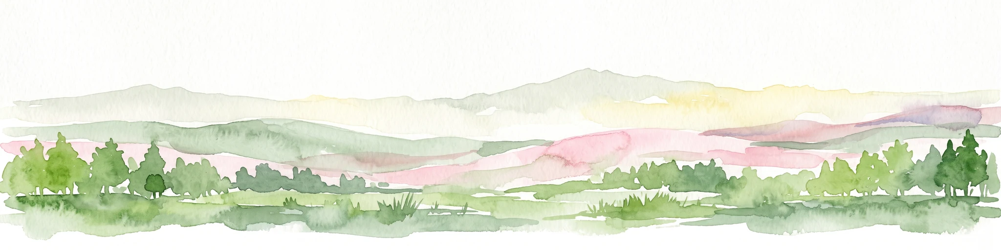 Una pintura horizontal en acuarela que muestra un paisaje suave e impresionista con capas de colinas verdes y árboles contra un fondo pálido y claro.