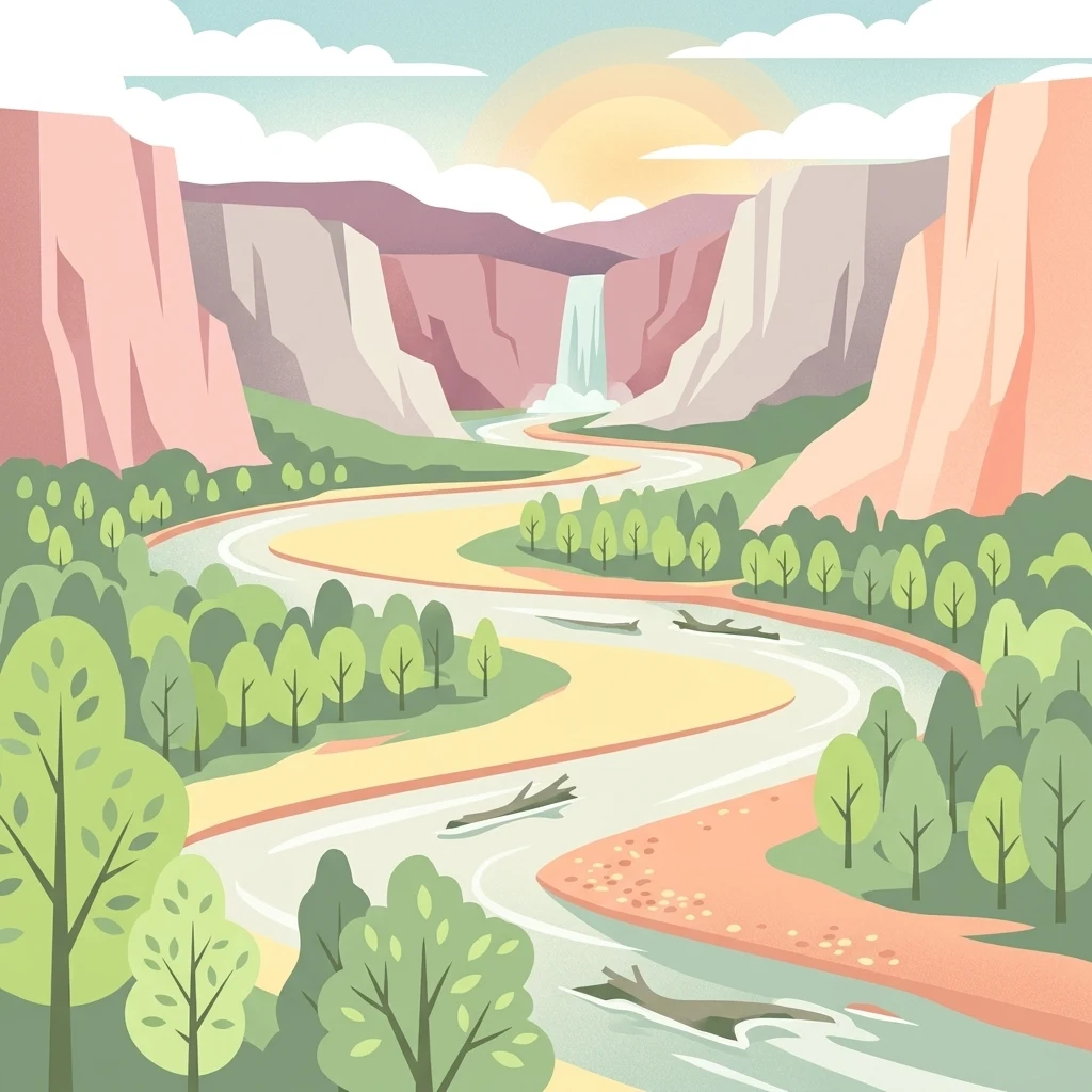 A stylized flat illustration of a river winding through a valley flanked by trees and tall cliffs, with a small waterfall in the distance under a sunrise.