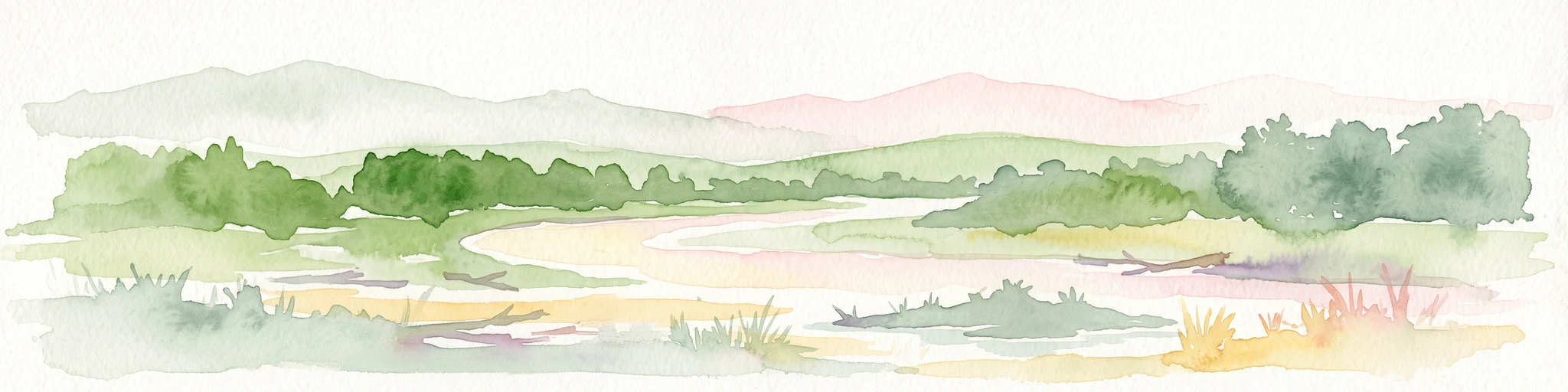 A soft, horizontal watercolor painting showing a meandering river winding through lush green riverbanks, with distant rolling hills against a white background.
