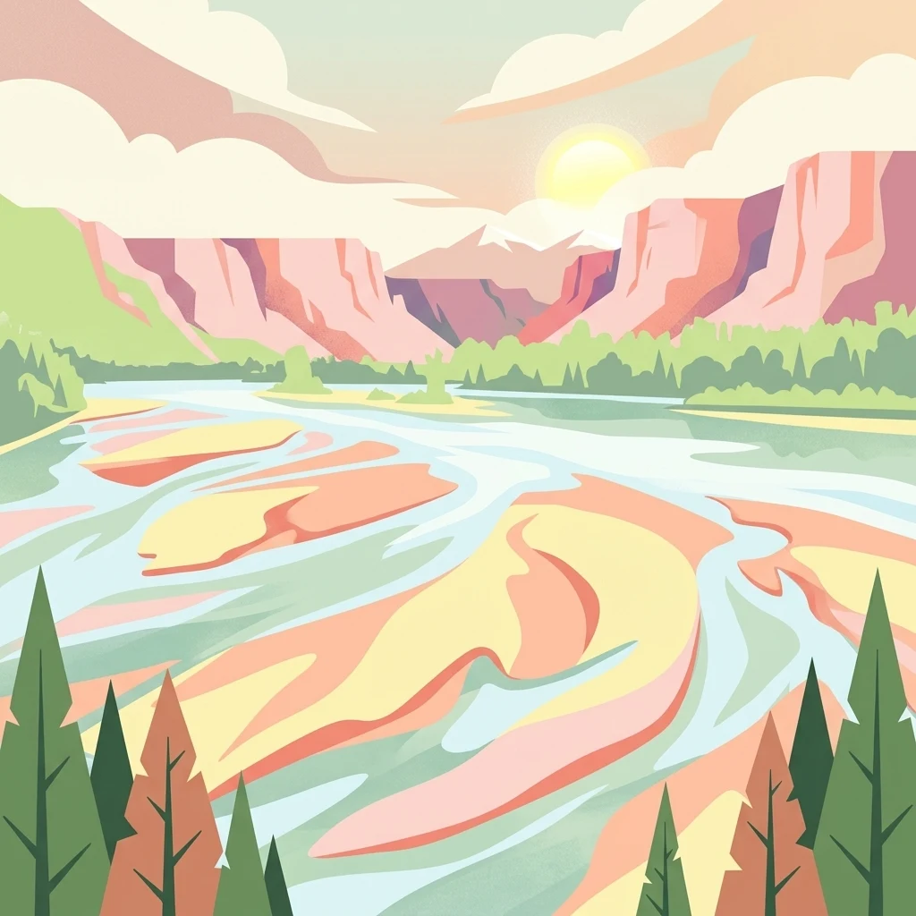 A stylized digital illustration of a wide, braided river with light-colored sandbars flowing between forested banks toward distant, rocky mountains under a soft sunset sky.