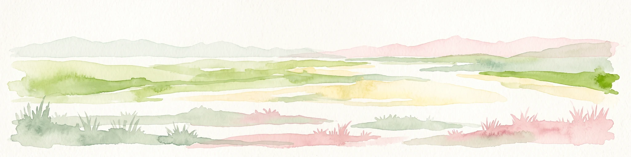 A horizontal watercolor painting depicting a wide river valley with grassy banks and distant hills in soft pastel shades of green, yellow, and muted pink.