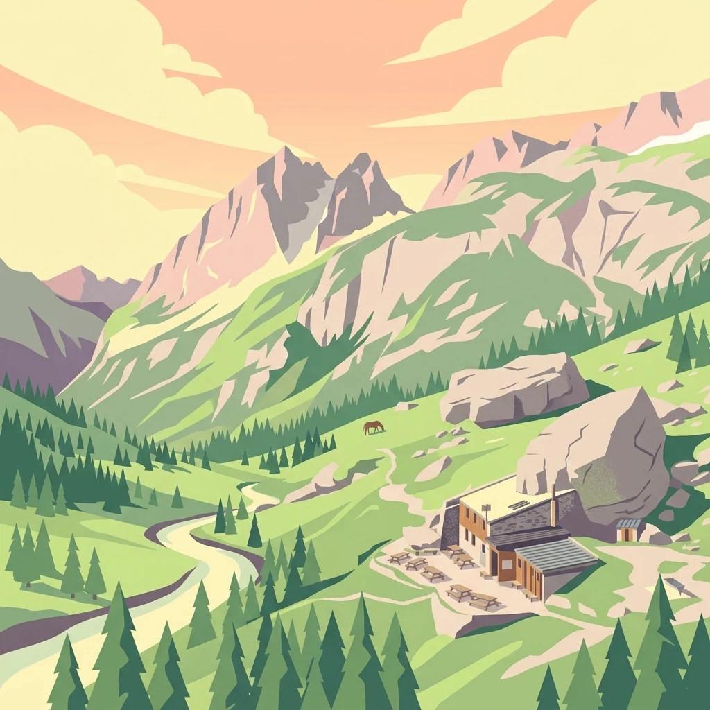 A digital illustration showing a mountain landscape with a small stone refuge building, a winding river, pine trees, and jagged mountain peaks at sunset.