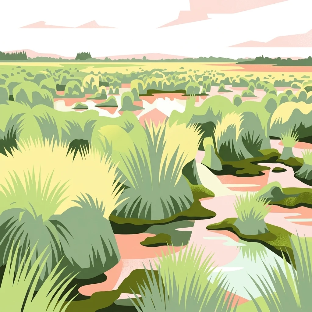 A stylized digital illustration of a wet peat bog landscape featuring clusters of tall grasses, marshy pools, and a soft horizon line under a pale sky.
