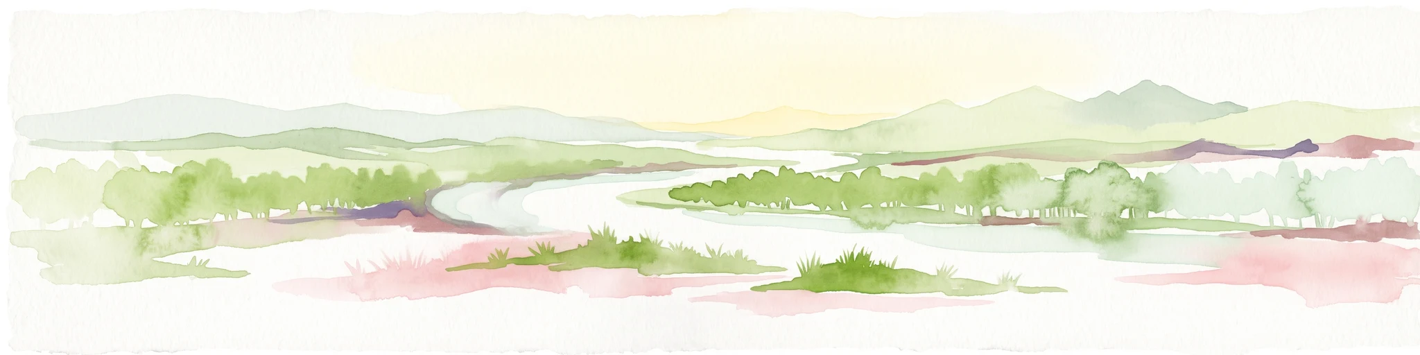 Una pintura a la acuarela amplia y de enfoque suave que muestra un río serpenteante a través de un valle verde exuberante con colinas onduladas al fondo.
