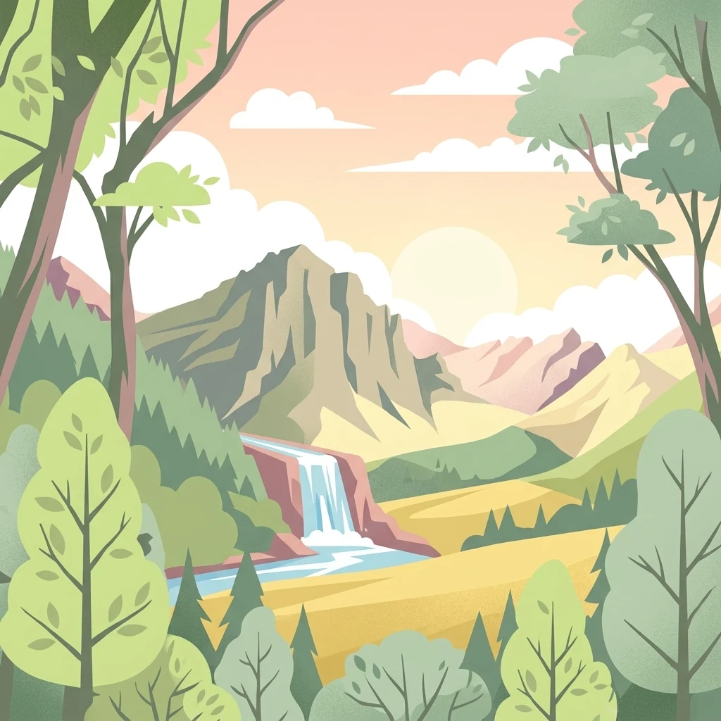 A flat style digital illustration of a mountainous park landscape with a waterfall flowing from a rocky peak into a river valley, surrounded by deciduous and coniferous trees under a soft sunrise sky.