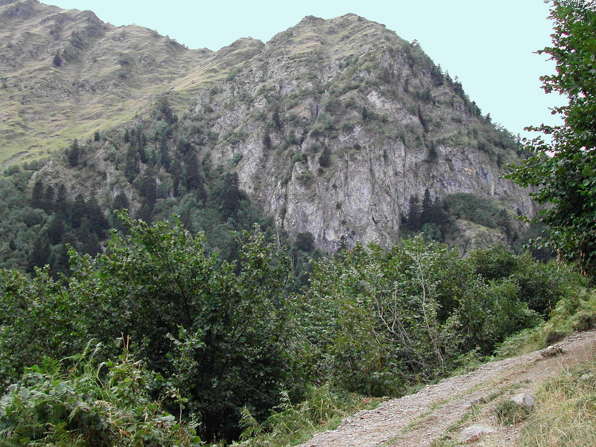 A dirt mountain hiking path leads toward a large, rocky mountain face covered in patches of evergreen forest and scrubby vegetation.