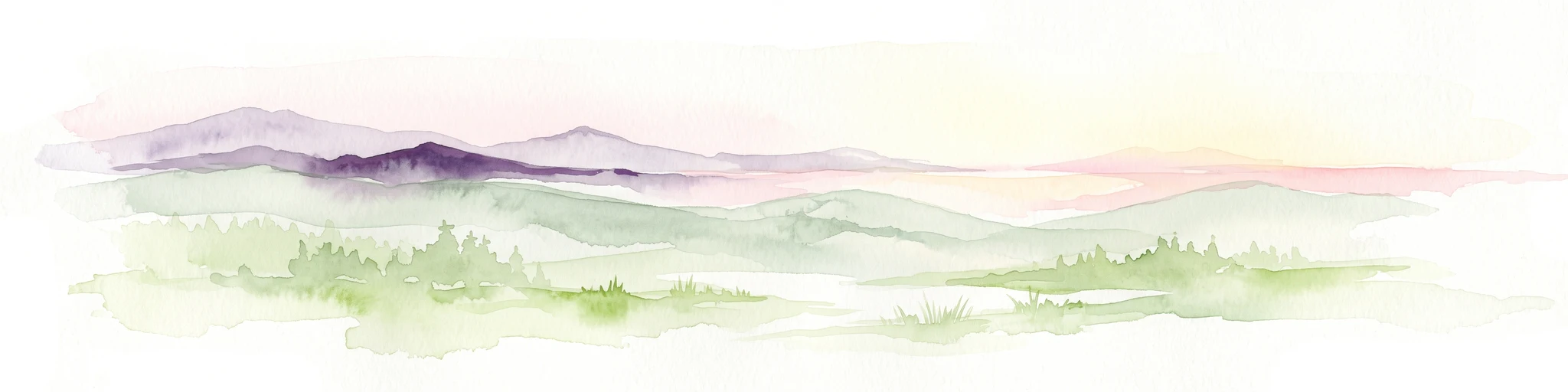 Una suave pintura a la acuarela que representa lejanas cadenas montañosas de tonos púrpura que se desvanecen en un cielo pálido y cálido, con colinas de verde claro y sugerencias de bosques de pinos en primer plano.