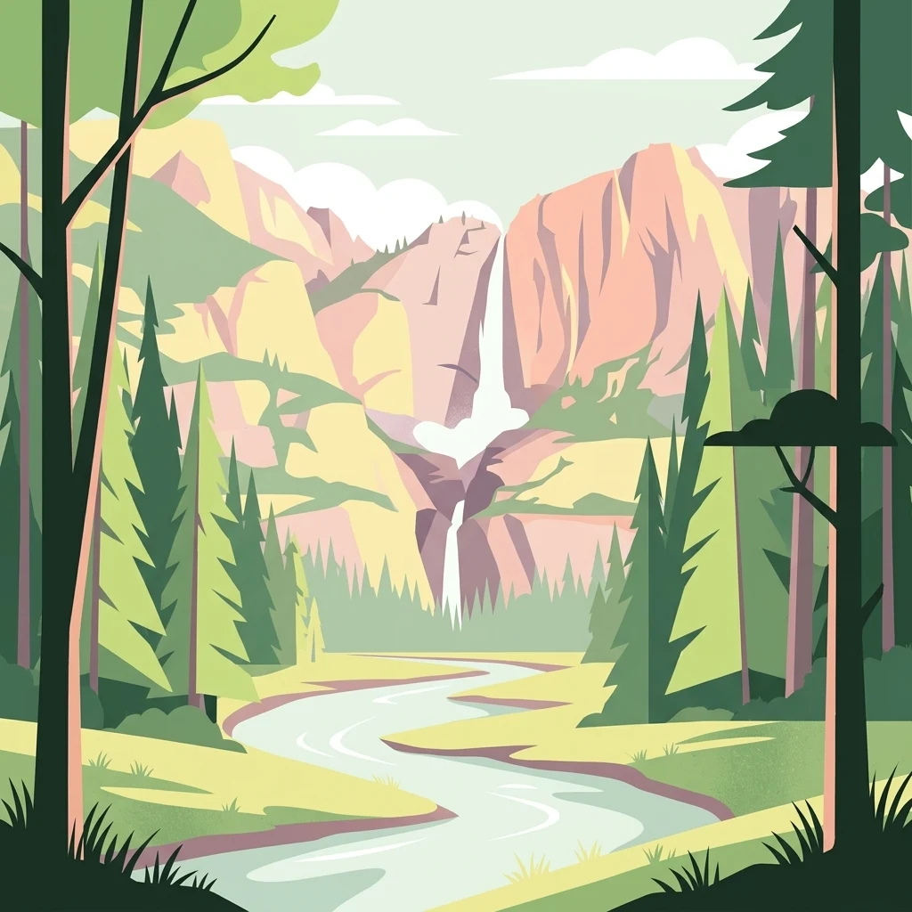 Una ilustración vectorial estilizada que presenta un río serpenteante en primer plano, árboles coníferos a ambos lados y una cascada escalonada que cae por los escarpados acantilados de la montaña al fondo.