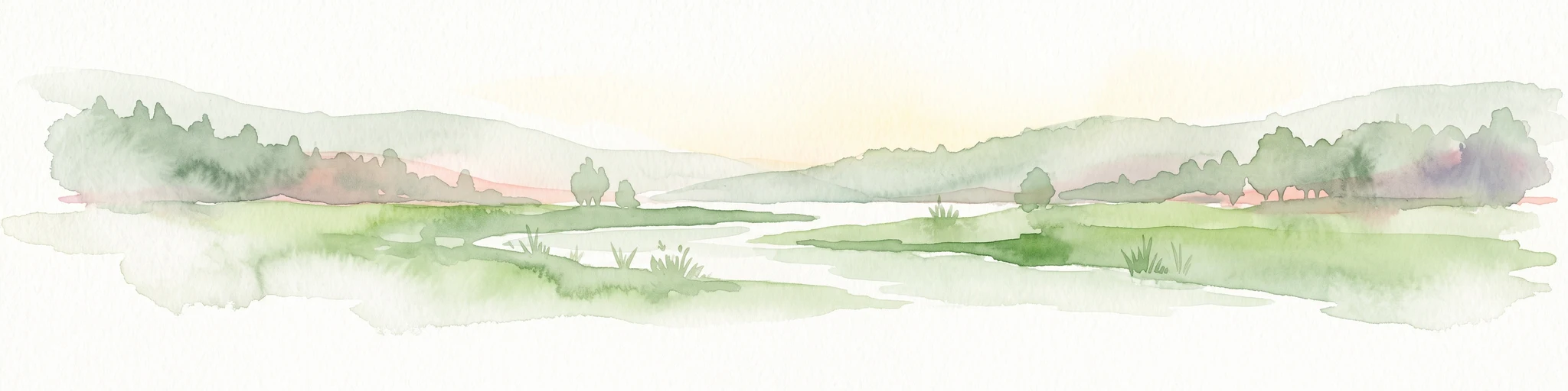 A soft, painterly watercolor illustration showing a winding river flowing through a lush green valley with rolling hills in the background.
