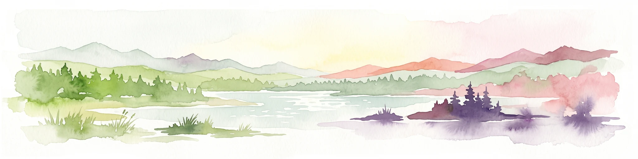 A wide watercolor painting depicting a calm river or lake flanked by green and purple vegetation, with distant mountains under a soft pink and yellow sky.