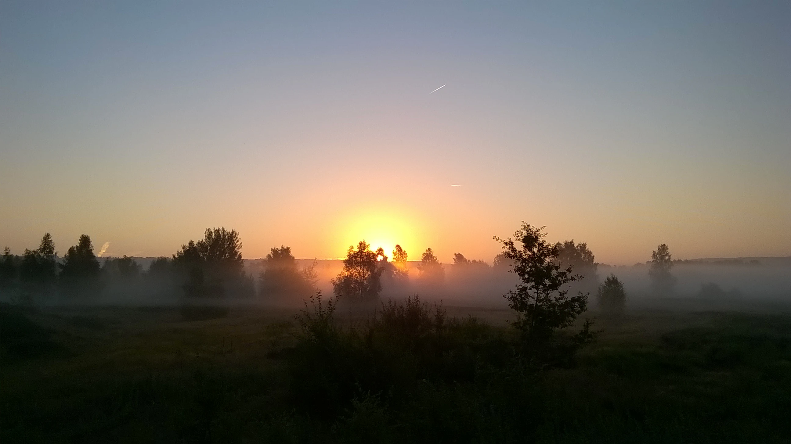 A hazy landscape of trees and fields at sunrise, with the sun low on the horizon casting a golden glow through morning mist.