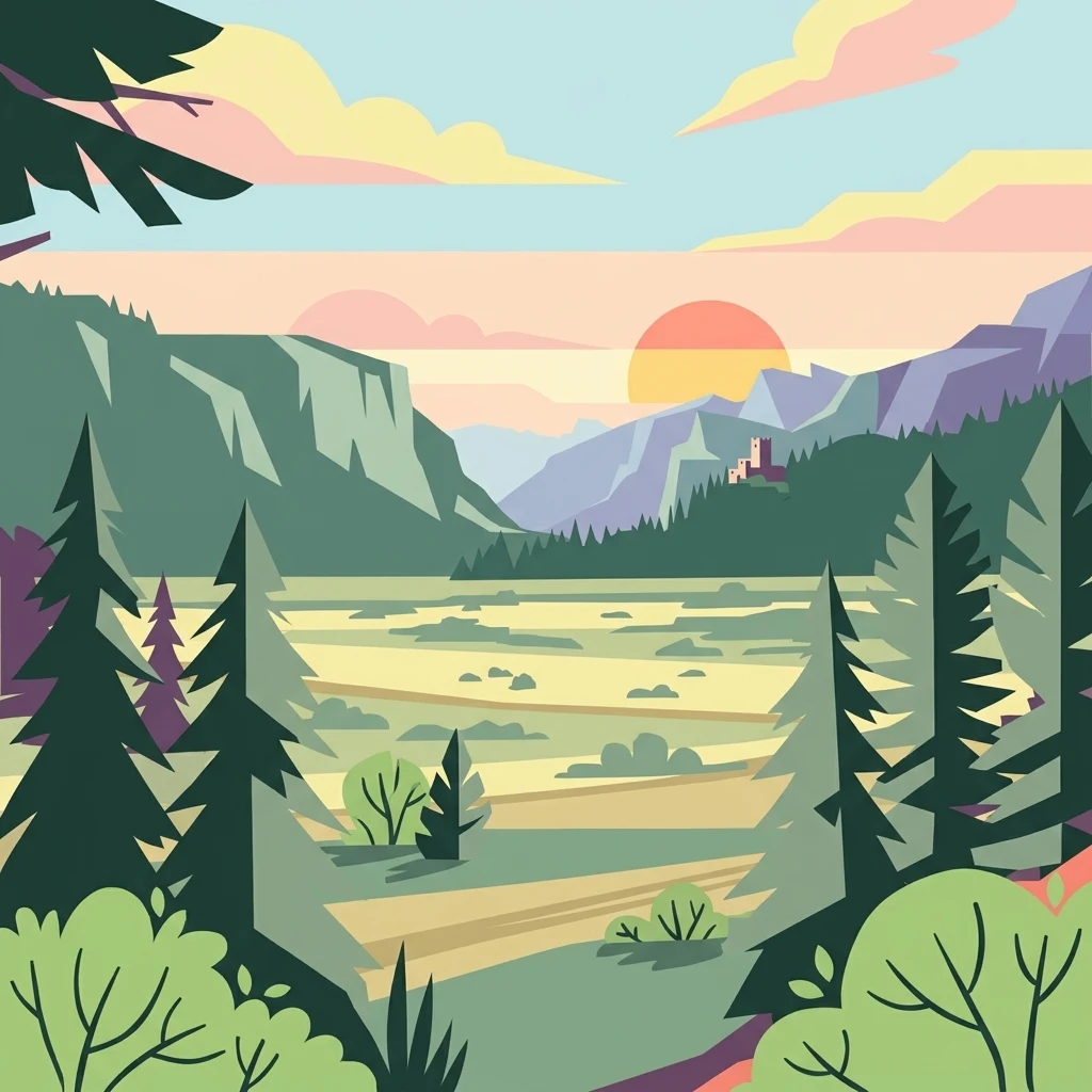 Ilustración digital estilizada de un valle al atardecer, enmarcado por coníferas en primer plano, con montañas lejanas y una pequeña estructura visible en una ladera.