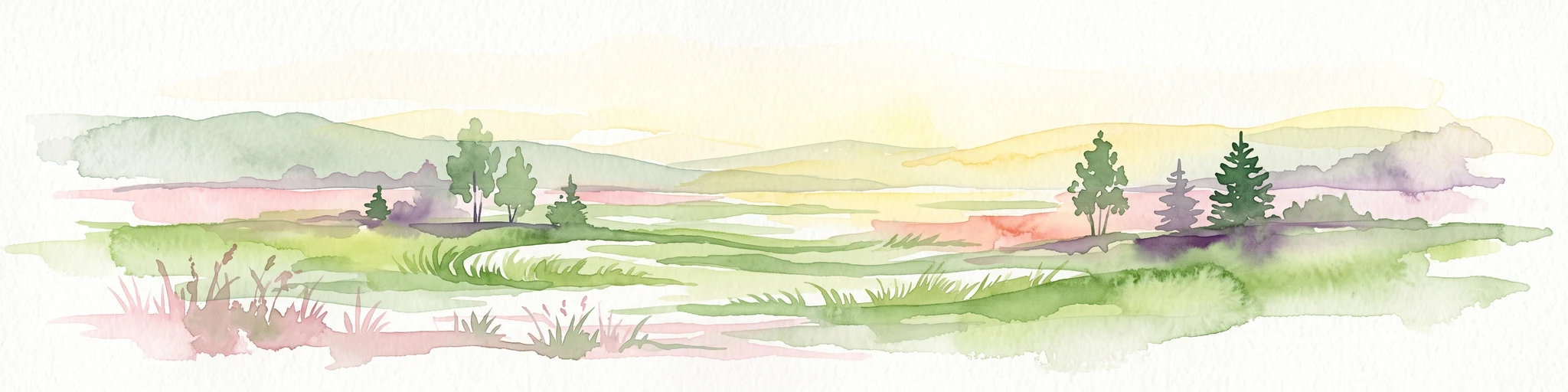 Watercolor painting of a wide, soft green landscape featuring rolling hills, scattered trees, and meadows under a warm sky.