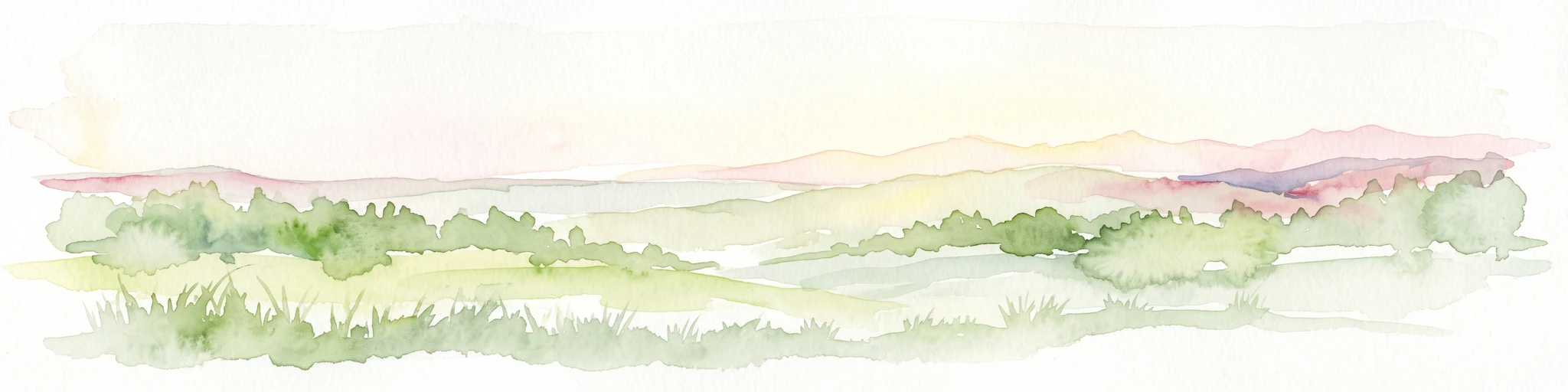 A pale, soft watercolor painting showing a rolling landscape with gentle green hills, grassy foreground, and distant hazy ridges under a white sky.