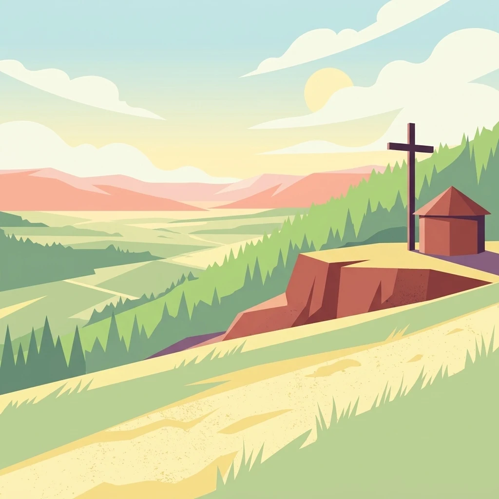 A stylized digital illustration of a grassy hillside overlooking a valley, featuring a small structure and a wooden cross on the cliff edge.