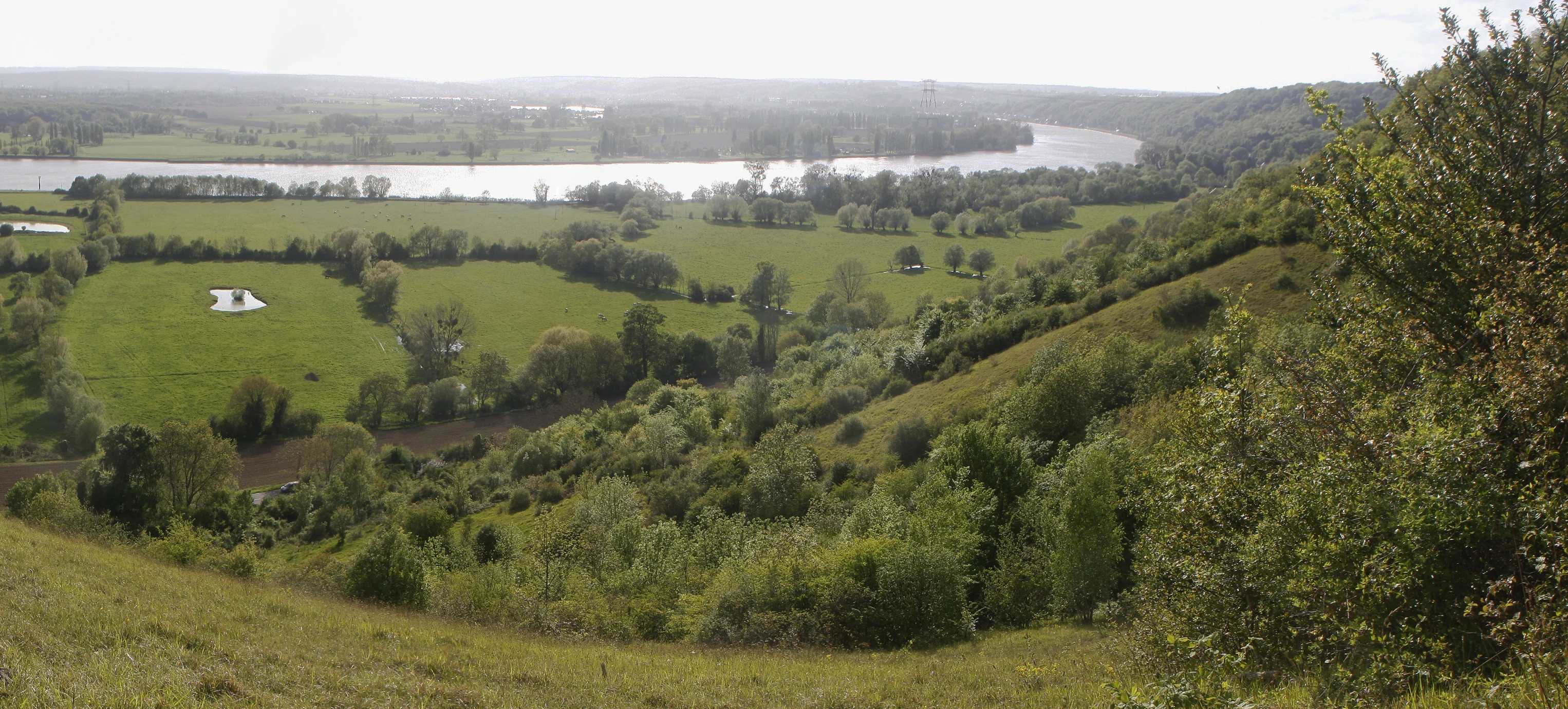 Vista panorámica del paisaje desde un punto elevado que domina el valle del río Sena, con prados verdes, zonas boscosas y un meandro del río.