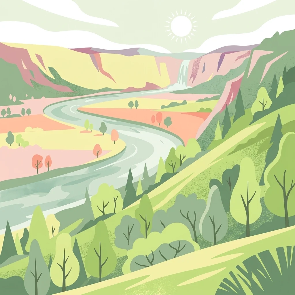 A digital illustration of a wide river valley with steep hillsides and forest on the banks, set under a sun in a soft, light-toned color palette.
