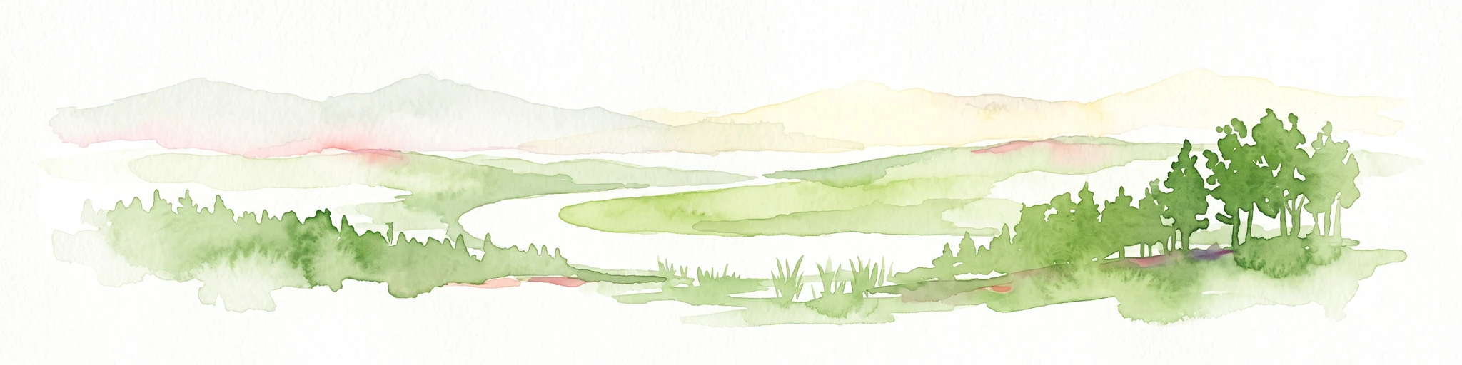 A watercolor painting showing a soft, stylized landscape of a winding river surrounded by green hills, trees, and distant rolling hills on a white background.