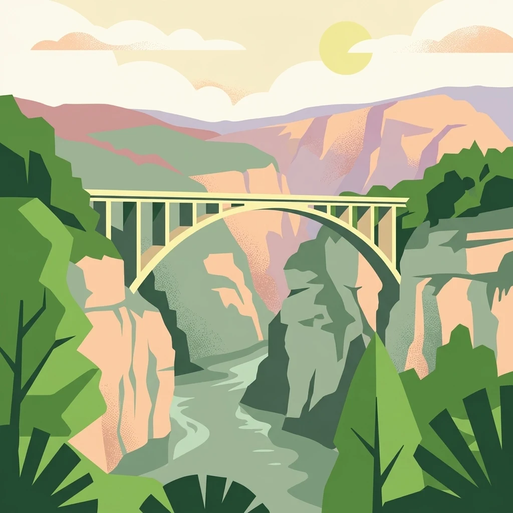 A stylized flat vector illustration of an arched bridge spanning a steep, forested canyon with a river flowing through the bottom under a soft-toned sun.