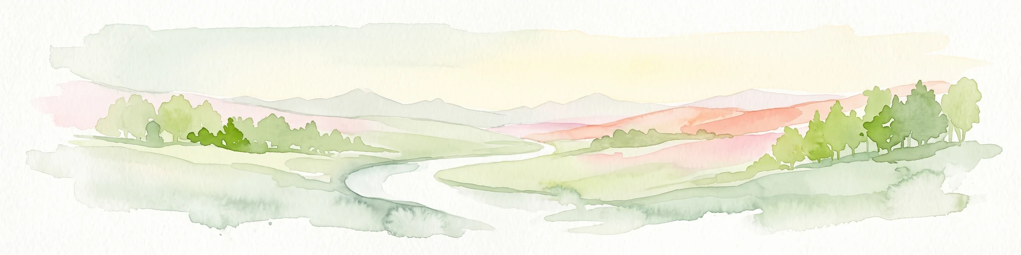 A soft, light watercolor painting of a winding river flowing through a gentle, rolling landscape with trees and distant hills against a pale, warm sky.