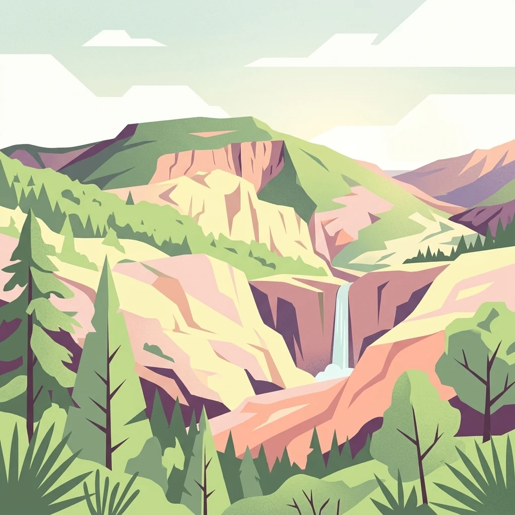 A digital illustration featuring a mountainous landscape with a small waterfall, evergreen trees in the foreground, and layers of rock formations under a soft sky.