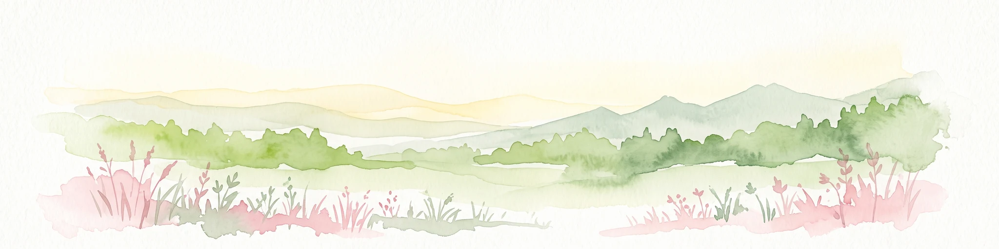 Una acuarela de un paisaje suave y ondulado con colinas verdes, una cubierta forestal ligera y hierbas silvestres en primer plano, representada en un estilo ligero y atmosférico.