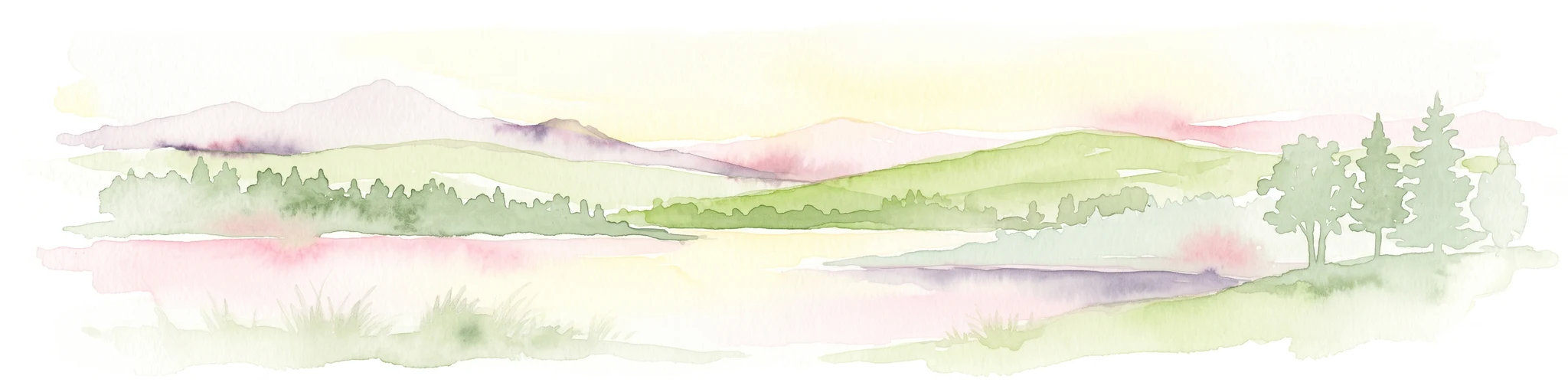A horizontal watercolor illustration depicting a soft landscape with rolling hills, a body of water in the foreground, and pine trees on the right side.