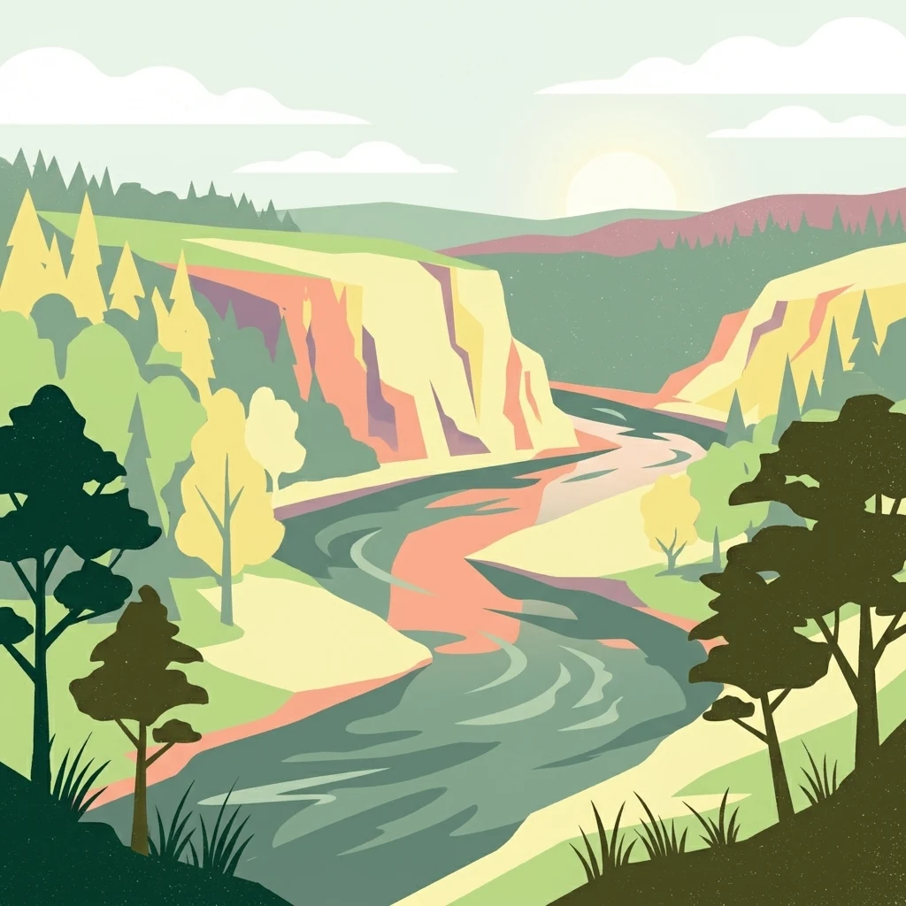 Una ilustración de diseño plano de un río que fluye a través de un valle boscoso con acantilados altos bajo un cielo de amanecer o atardecer.