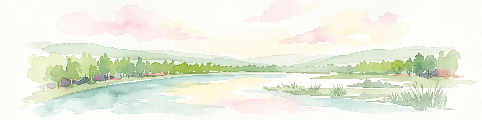 Watercolor painting of the Loire river showing trees along the banks and soft pink clouds in the background.